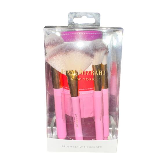Isaac Mizrahi Makeup Brush Set With Holder Pink Powder Fan Blush Foundation New - Picture 1 of 4